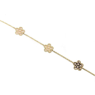 18K Yellow Gold with three open flowers bracelet 7 inches with extra rings starting at 6 inches , Amalia Jewelry