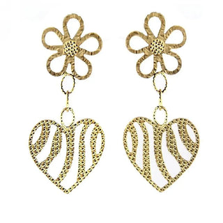 18K Solid Yellow Gold open flower with dangle open heart post earrings , Amalia Jewelry