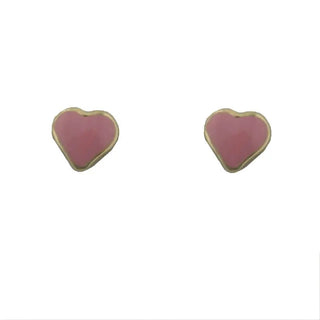 18K Solid Yellow Gold Pink Enamel Heart covered screwback earrings , Amalia Jewelry