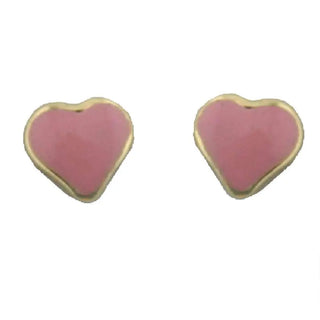 18K Solid Yellow Gold Pink Enamel Heart covered screwback earrings , Amalia Jewelry
