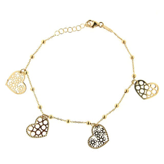 18K Solid Yellow Gold Four hanging flat cut out design hearts and beads chain bracelet 7 inches , Amalia Jewelry