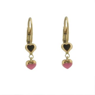 18K Yellow Gold Pink enamel heart leaver back earrings Amalia Jewelry