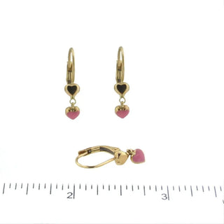 18K Yellow Gold Pink enamel heart leaver back earrings Amalia Jewelry