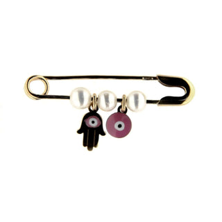 18K Yellow Gold Pink Enamel Hamsa and Pink Evil Eye Cultivated Pearls Safety Pin , Amalia Jewelry