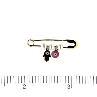 18K Yellow Gold Pink Enamel Hamsa and Pink Evil Eye Cultivated Pearls Safety Pin , Amalia Jewelry