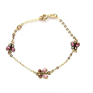 18K yellow gold pink enamel puffy center and two flat enamel butterfly bracelet 6 inches with extra ring at 5.25 , Amalia Jewelry