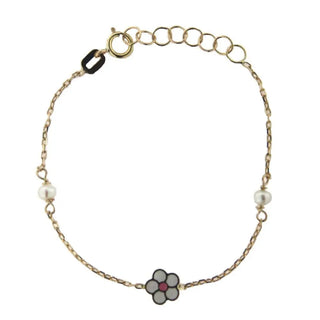 18K Solid Yellow Gold enamel center Flower and Pearls Bracelet , Amalia Jewelry