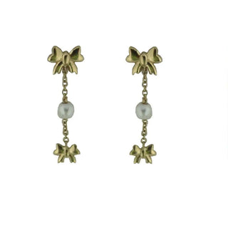 18K Yellow Gold Bows and pearl dangle post earrings 1 each L Amalia Jewelry