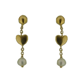 18K Solid Yellow Gold Polished Heart and Ball with Pearl Dangle Post Earrings , Amalia Jewelry