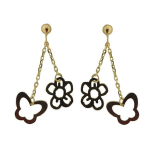 18K Yellow Gold Open cut Butterfly and Flower Dangle Earrings 1 inch L Amalia Jewelry