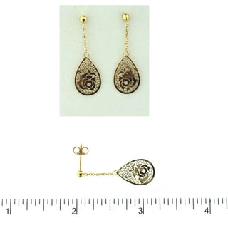18K Yellow Gold tear shape dangle open cut rose earrings L 1.12 inch Amalia Jewelry