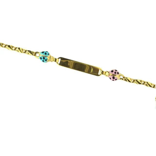 18K Solid Yellow Gold ID Bracelet with Blue and Pink Enamel Lady Bugs 6 Inches , Amalia Jewelry