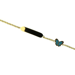 18k Yellow Gold Turquoise Blue Enamel Butterfly ID bracelet 5.5 inch , Amalia Jewelry