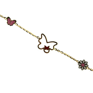 18K Yellow Gold Pink Butterflies and Pink and White Flower bracelet 7 inches with extra rings at 6.25 Amalia Jewelry