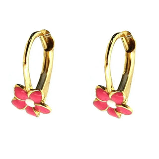 18 K Yellow Gold Pink and White Enamel Leverback Earrings Amalia Jewelry