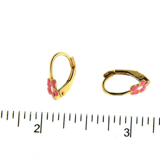 18 K Yellow Gold Pink and White Enamel Leverback Earrings Amalia Jewelry