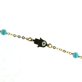 18K Yellow Gold enamel Hamsa and turquoise paste beads bracelet 6.50 inches with extra ring at 6 inch , Amalia Jewelry