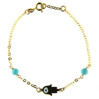 18K Yellow Gold enamel Hamsa and turquoise paste beads bracelet 6 inches with extra ring at 5.5 inch , Amalia Jewelry