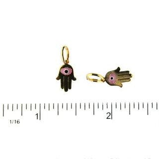 18K Yellow Gold Hand of Fatima Hamsa with Pink enamel Eye Pendant H 0.40 inch , Amalia Jewelry