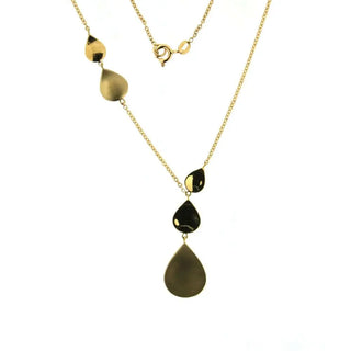 18K Yellow Gold 3 tears drops in the middle and 2 in the side, mixed satin and shiny necklace 16 inches Amalia Jewelry