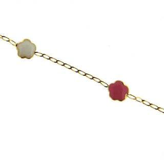 18K Yellow Gold Pink and White enamel bracelet 5.6 inch with extra rings staring at 5 inch Amalia Jewelry