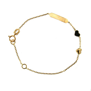 18K Solid Yellow Gold Flat and Puffy Hearts Id Bracelet 5.50 inches with extra ring , Amalia Jewelry