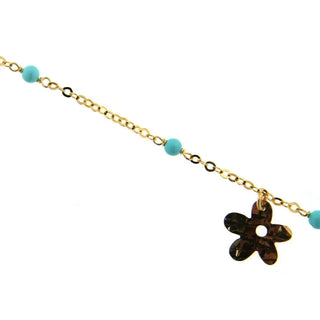 18K Yellow Gold Diamond Cut Flower and turquoise beads bracelet , Amalia Jewelry