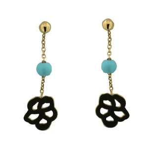 18K Yellow Gold Turquoise 4 mm Paste bead and open Flower Dangle Post Earrings L. 1.0 inch , Amalia Jewelry