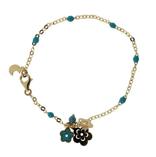 18K Yellow Gold Turquoise enamel Beads with Flowers and Turquoise enamel Flower Bracelet 6 inches , Amalia Jewelry