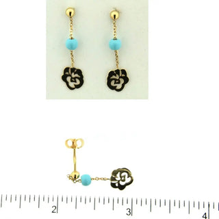 18K Yellow Gold 4 mm Turquoise paste Bead and Rose Flower Dangle Post Earrings L 1.0 inch , Amalia Jewelry