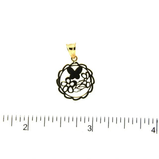 18K Yellow Gold Open Cut Circle with Butterflies and Flowers Pendant Diameter 0.60 Inch , Amalia Jewelry