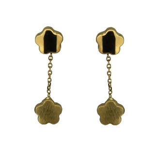 18K Yellow Gold Top Polished Flower and Bottom Satin Finish Flower Dangle Post earrings L 1.0 inch Amalia Jewelry