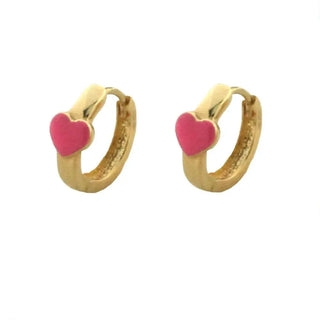 18K Yellow Gold Pink Enamel Heart Huggie 0.50 inch external diameter , Amalia Jewelry