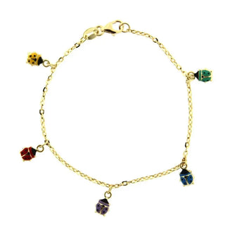 18k Yellow Gold Multicolor Dangling Lady Bugs Bracelet 6 inches , Amalia Jewelry