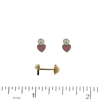 18K Yellow Gold small Pearl with Pink enamel Heart Covered Screwback Earrings Amalia Jewelry