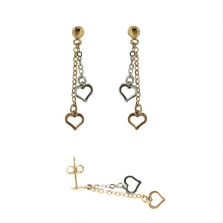 18K Two Tone Open Heart Dangle Post Earrings H 1.16 Inches , Amalia Jewelry