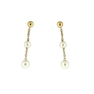 18K Yellow Gold Dangling Cultivated Pearls Earrings H 0.85 inches , Pearls 4mm and 3 mm diameter , Amalia Jewelry