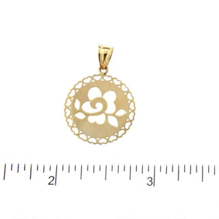 18K Yellow Gold Rose open cut Pendant Diameter 0.75 inch Amalia Jewelry