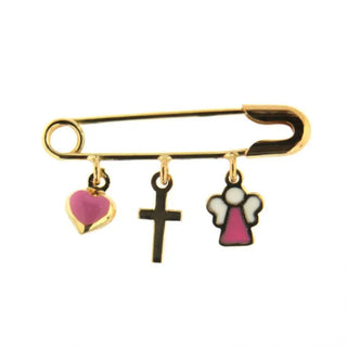 18k Solid Yellow Gold Cross Pink Heart and Angel Enamel Safety Pin , Amalia Jewelry