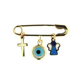 18k Solid Yellow Gold Cross Evil Eye and enamel Angel Safety Pin Amalia Jewelry