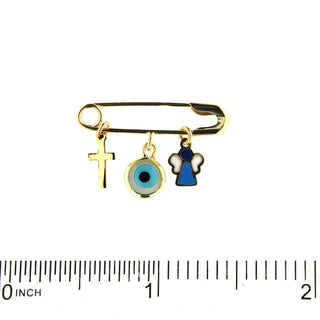 18k Solid Yellow Gold Cross Evil Eye and enamel Angel Safety Pin , Amalia Jewelry