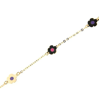 18K Solid Yellow Gold Pink and Lilac Enamel Flower Bracelet 6 inches with extra ring at 5.5 inches , Amalia Jewelry