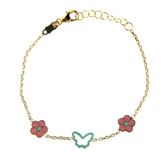 18K Solid Yellow Gold Enamel Pink Flowers and Turquoise Butterfly Bracelet , Amalia Jewelry