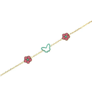18K Solid Yellow Gold Enamel Pink Flowers and Turquoise Butterfly Bracelet Amalia Jewelry