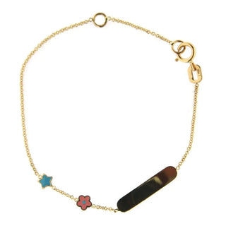 18K Solid Yellow Gold Enamel Blue Star and Pink Flower Id Bracelet Amalia Jewelry