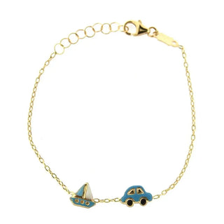 18K Yellow Gold Blue Enamel Car and Sailing Boat Bracelet 5.5 inches with extra rings starting at 4.75 inches , Amalia Jewelry