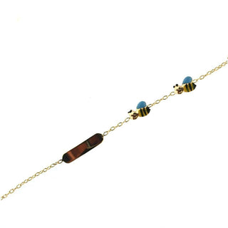 18K Solid Yellow Gold Enamel Yellow Blue and Black Bumble Bees Girl Id Bracelet , Amalia Jewelry