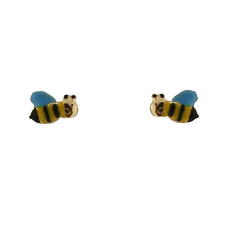 18K Yellow Gold Enamel Yellow Blue and Black Bumble Bee Post Earrings 0.28 inch , Amalia Jewelry
