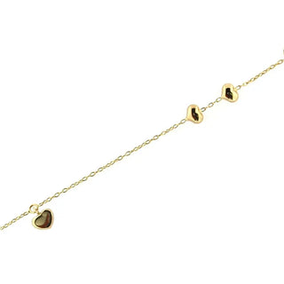 18K Yellow Gold Dangle Heart and two in line hearts Bracelet 7 inches with extra ring at 6.4 inches Amalia Jewelry