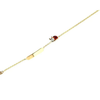 18K Yellow Gold Enamel Red and White Lady Bug Id Bracelet 5.5 inches with extra ring at 4.75 inches , Amalia Jewelry